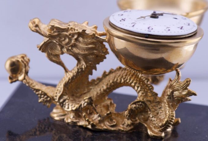 Antique Verge Fusee CALENDAR Desk Clock Chinese Qing Dynasty Dragon Gilt Bronze