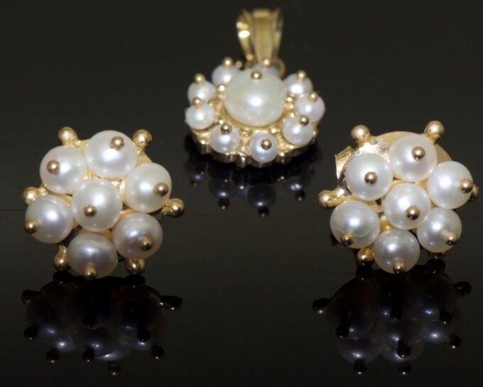 Antique Victorian Earrings and Pendant Set 14k Gold and Natural Sea Pearls Box