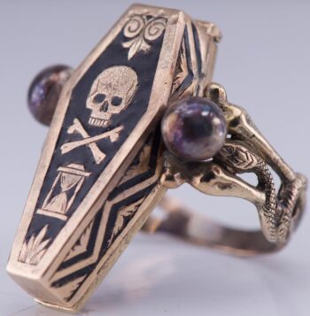 Antique Victorian 14k Gold Enamel Lapis Locket Ring Memento Mori Skeleton Coffin