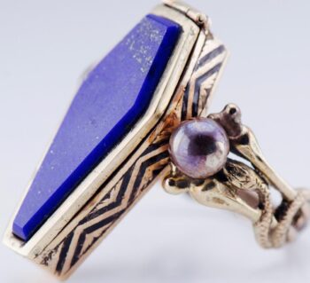 Antique Victorian 14k Gold Enamel Lapis Locket Ring Memento Mori Skeleton Coffin
