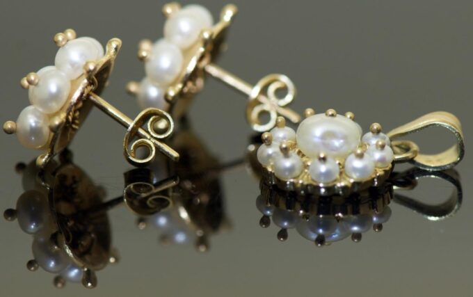 Antique Victorian Earrings and Pendant Set 14k Gold and Natural Sea Pearls Box