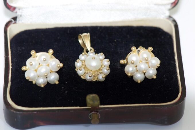 Antique Victorian Earrings and Pendant Set 14k Gold and Natural Sea Pearls Box