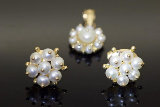 Antique Victorian Earrings and Pendant Set 14k Gold and Natural Sea Pearls Box
