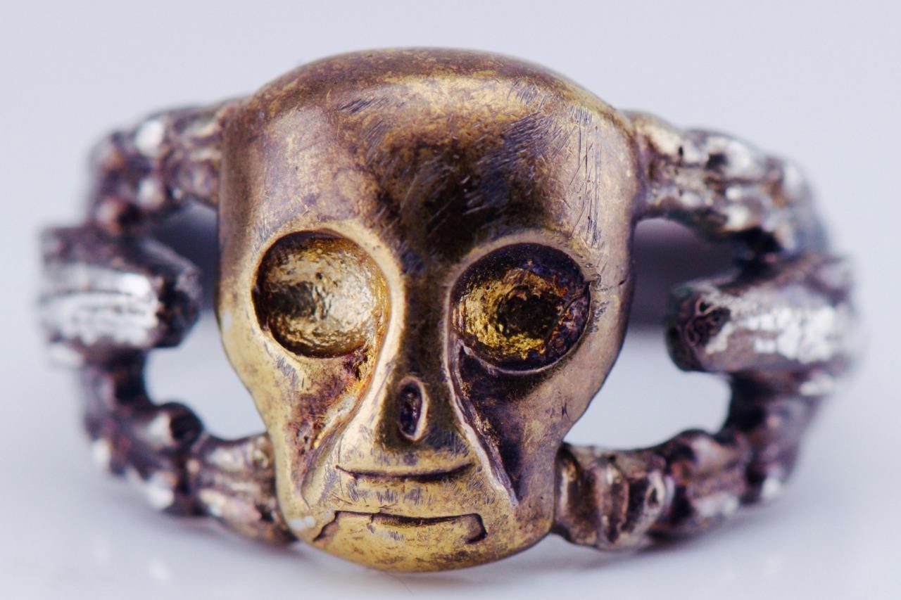 Antique Victorian Sterling Silver Gilt Skull Ring with Snake Motif Memento Mori