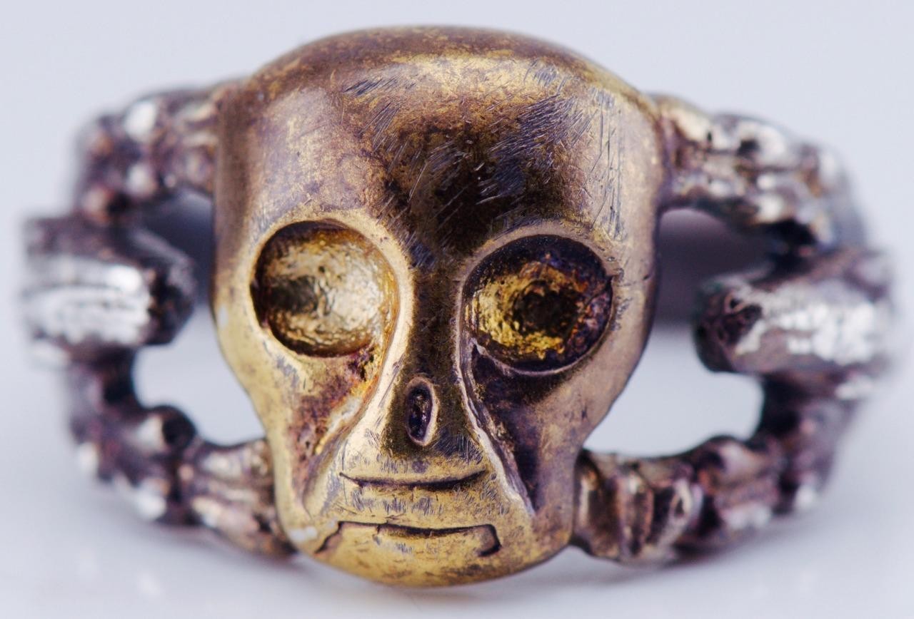 Antique Victorian Sterling Silver Gilt Skull Ring with Snake Motif Memento Mori