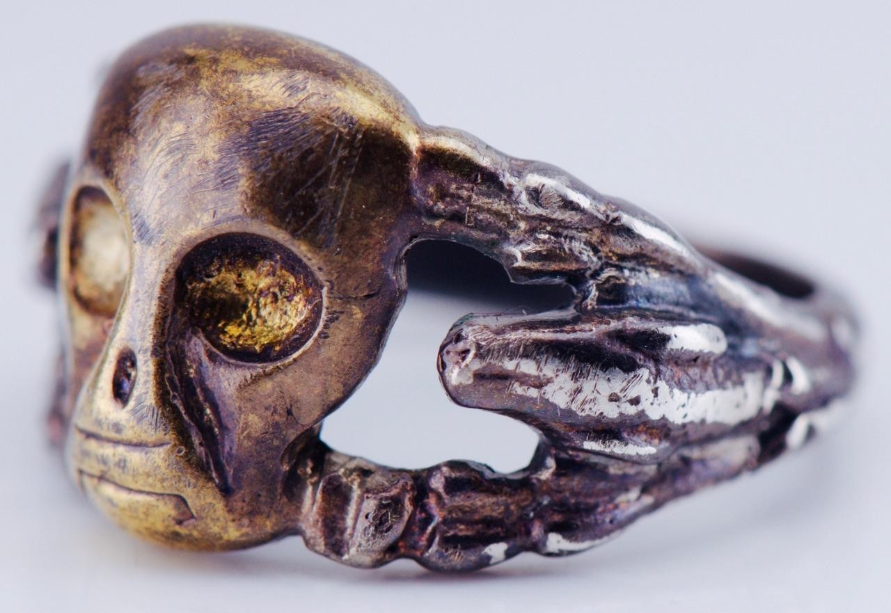 Antique Victorian Sterling Silver Gilt Skull Ring with Snake Motif Memento Mori