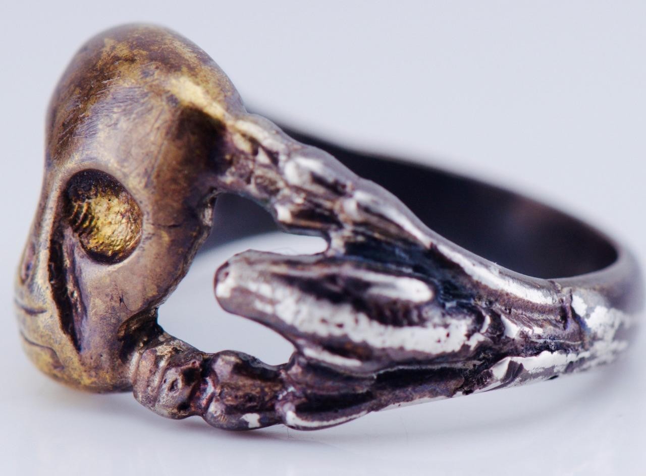 Antique Victorian Sterling Silver Gilt Skull Ring with Snake Motif Memento Mori