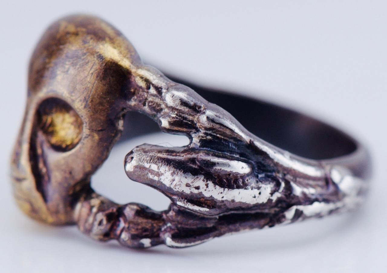 Antique Victorian Sterling Silver Gilt Skull Ring with Snake Motif Memento Mori