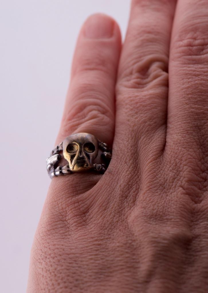 Antique Victorian Sterling Silver Gilt Skull Ring with Snake Motif Memento Mori