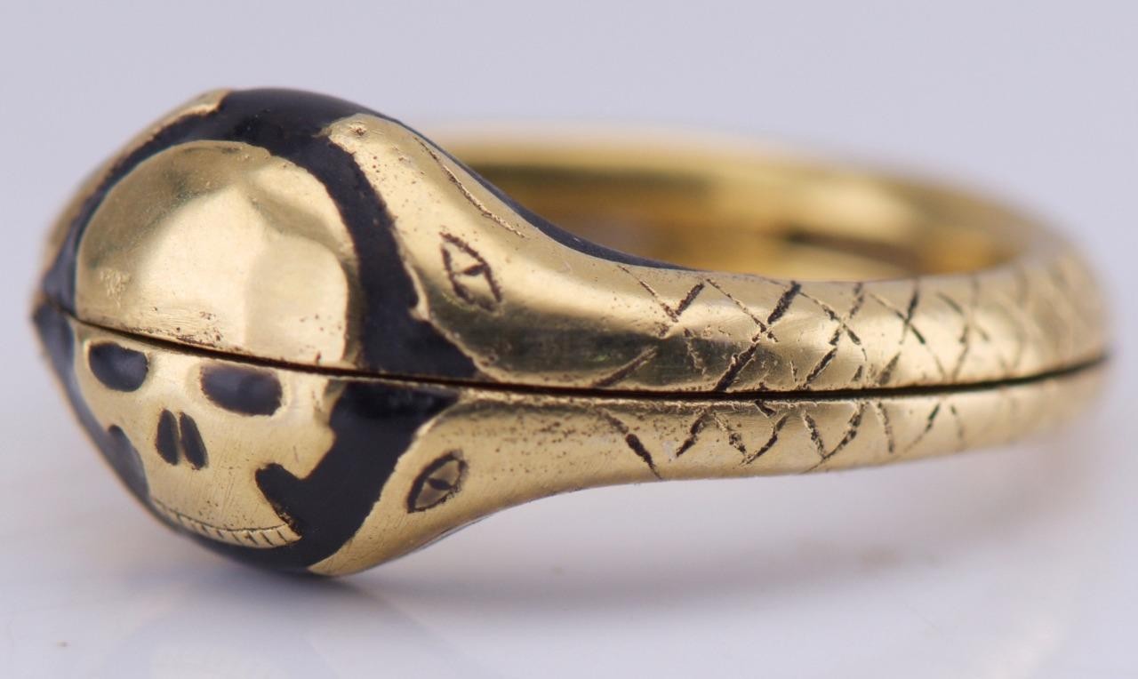 Antique Victorian Gilt Silver & Enamel Memento Mori Skull Poison Locket Ring