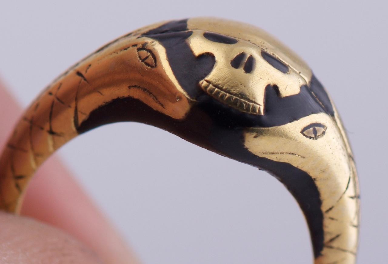 Antique Victorian Gilt Silver & Enamel Memento Mori Skull Poison Locket Ring