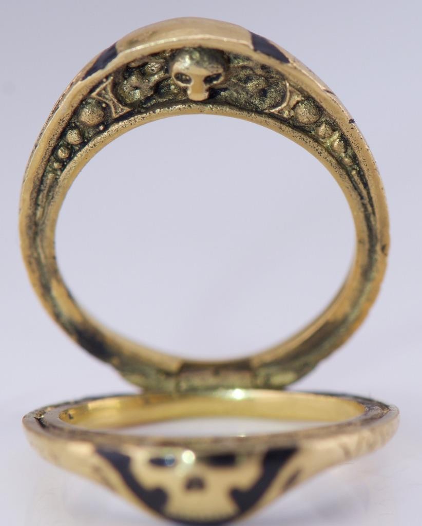 Antique Victorian Gilt Silver & Enamel Memento Mori Skull Poison Locket Ring