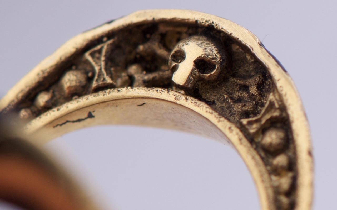 Antique Victorian Gilt Silver & Enamel Memento Mori Skull Poison Locket Ring