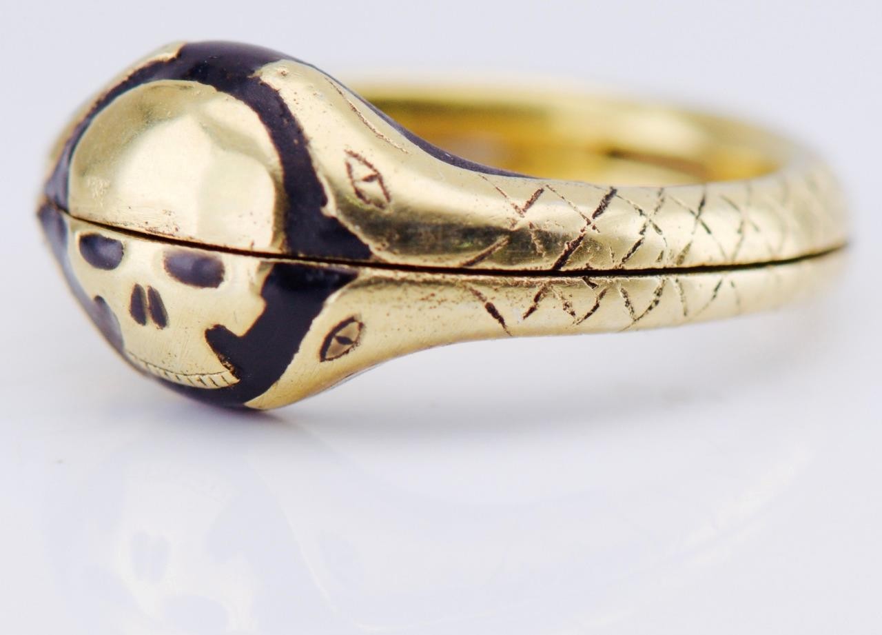 Antique Victorian Gilt Silver & Enamel Memento Mori Skull Poison Locket Ring