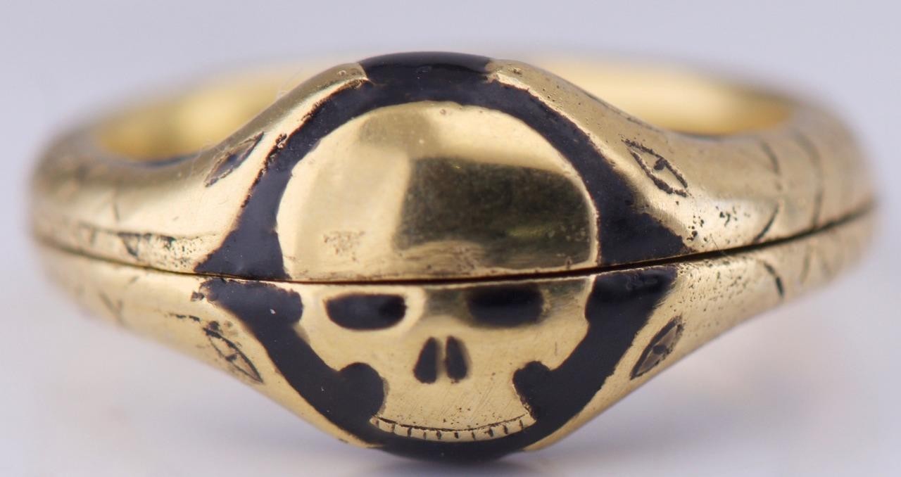 Antique Victorian Gilt Silver & Enamel Memento Mori Skull Poison Locket Ring