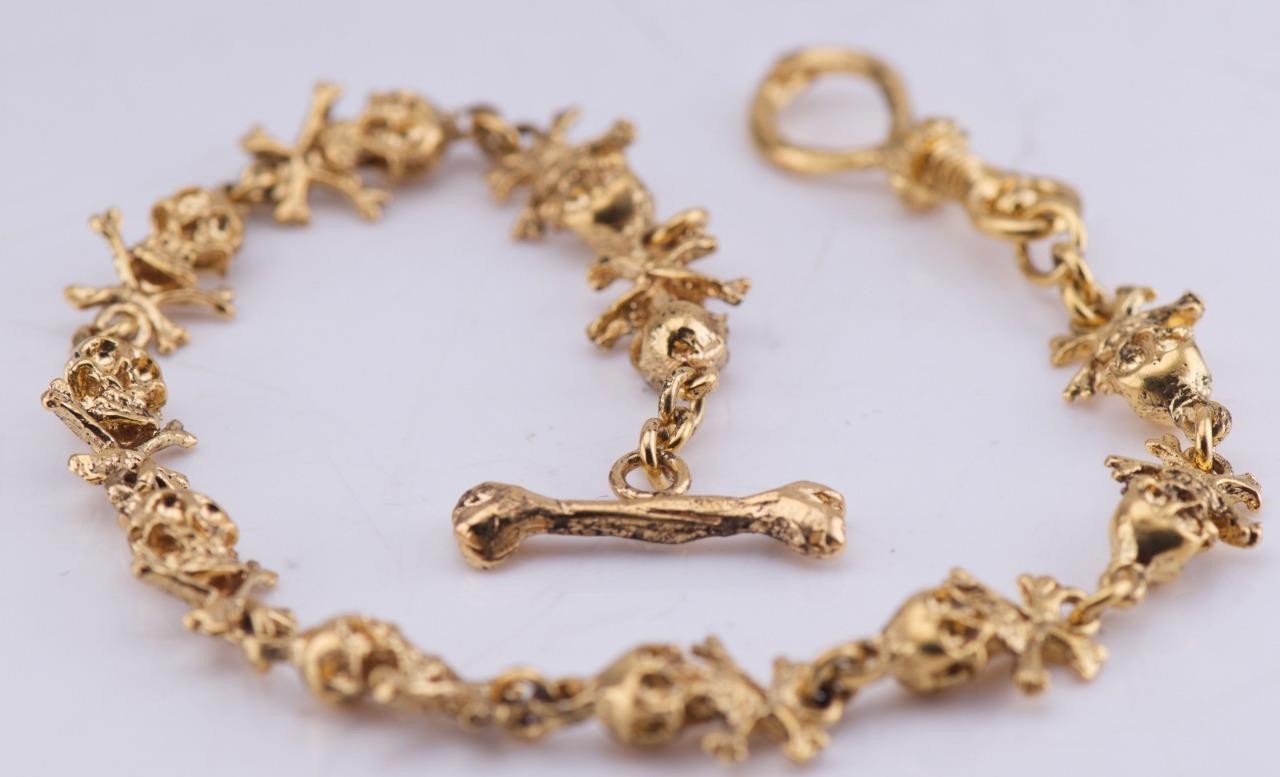 18K GOLD PLATED MEMENTO MORI SKULL and Bones Pocket Watch Chain Fob