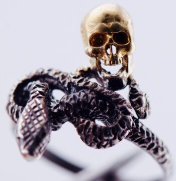 Antique Victorian Memento Mori Silver Gilt Skull and Snake Ladies Ring