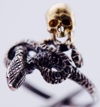 Antique Victorian Memento Mori Silver Gilt Skull and Snake Ladies Ring