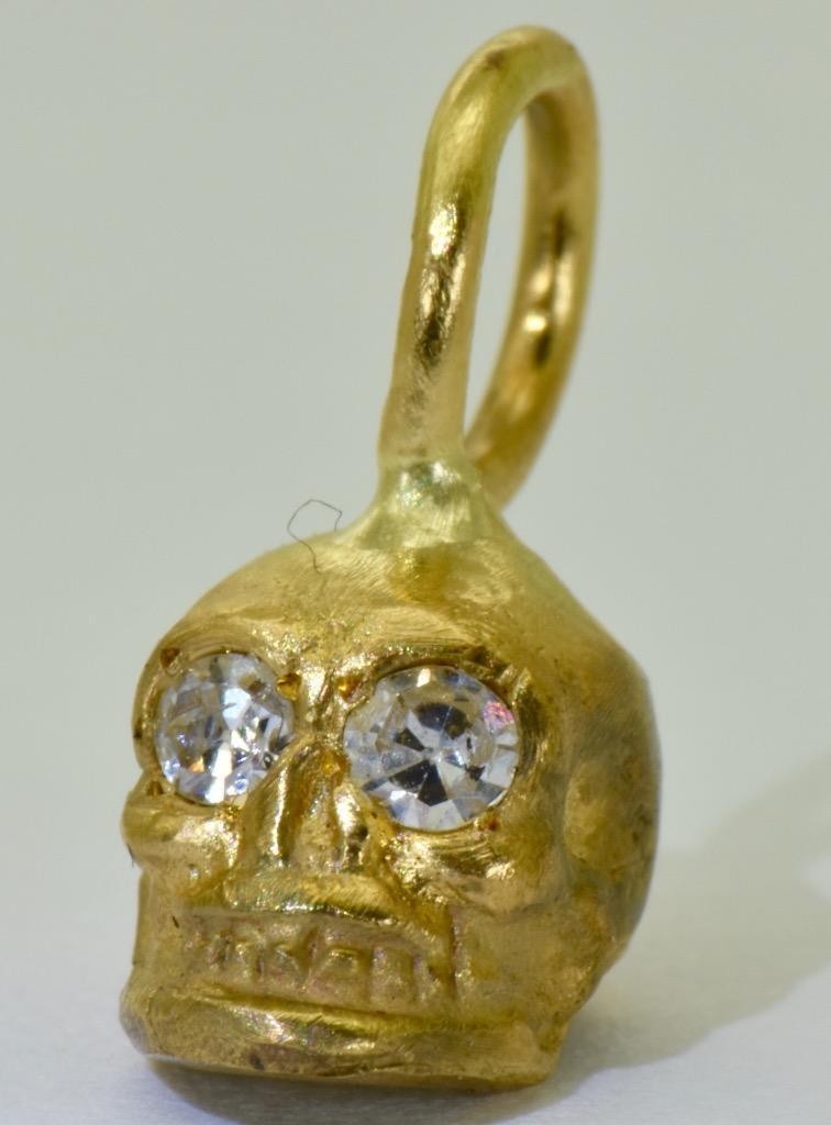Antique Skull Charm Pendant Fob Victorian 14k Solid Gold Diamonds