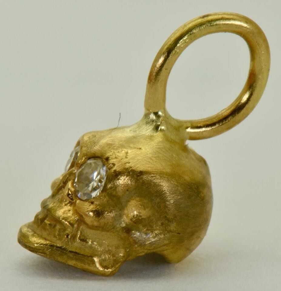 Antique Skull Charm Pendant Fob Victorian 14k Solid Gold Diamonds