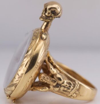 Antique French Memento Mori Ring Watch Skull Crown – 18K Gold Plated Silver