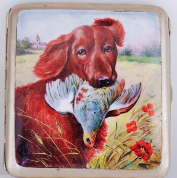 Antique Silvered Cigarette Case Hand Painted Enamel Dog Hunting Scene 88x80mm