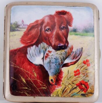 Antique Silvered Cigarette Case Hand Painted Enamel Dog Hunting Scene 88x80mm