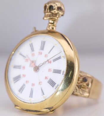 Antique French Memento Mori Skull Crown Ring Watch c1890 Hidden Poison Container