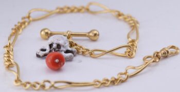 Antique Victorian Pocket Watch Chain Fob – Gilt Silver, Enamel Skull & Coral