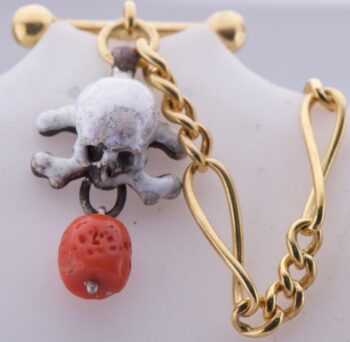 Antique Victorian Pocket Watch Chain Fob – Gilt Silver, Enamel Skull & Coral