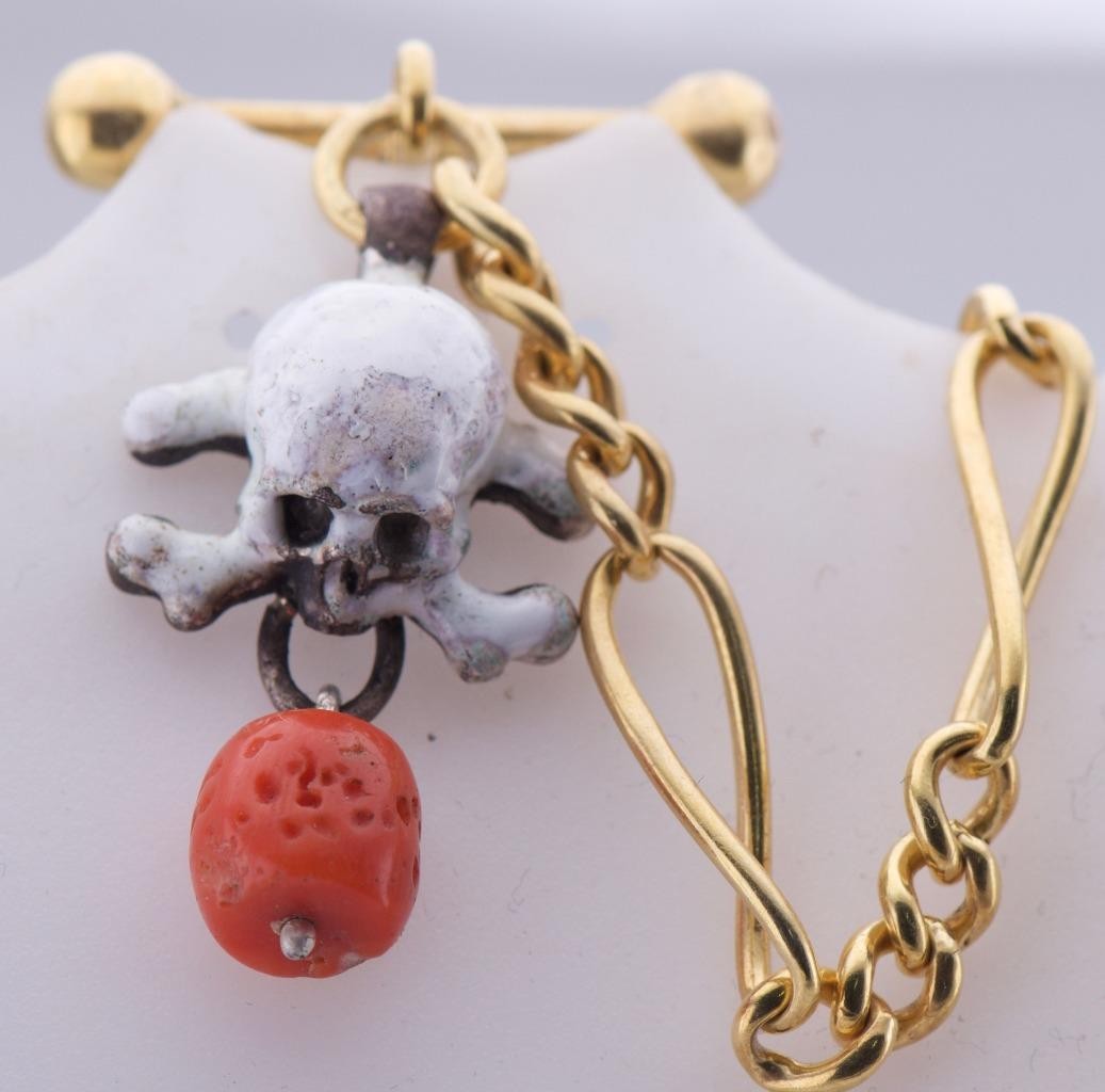 Antique Victorian Pocket Watch Chain Fob – Gilt Silver, Enamel Skull & Coral