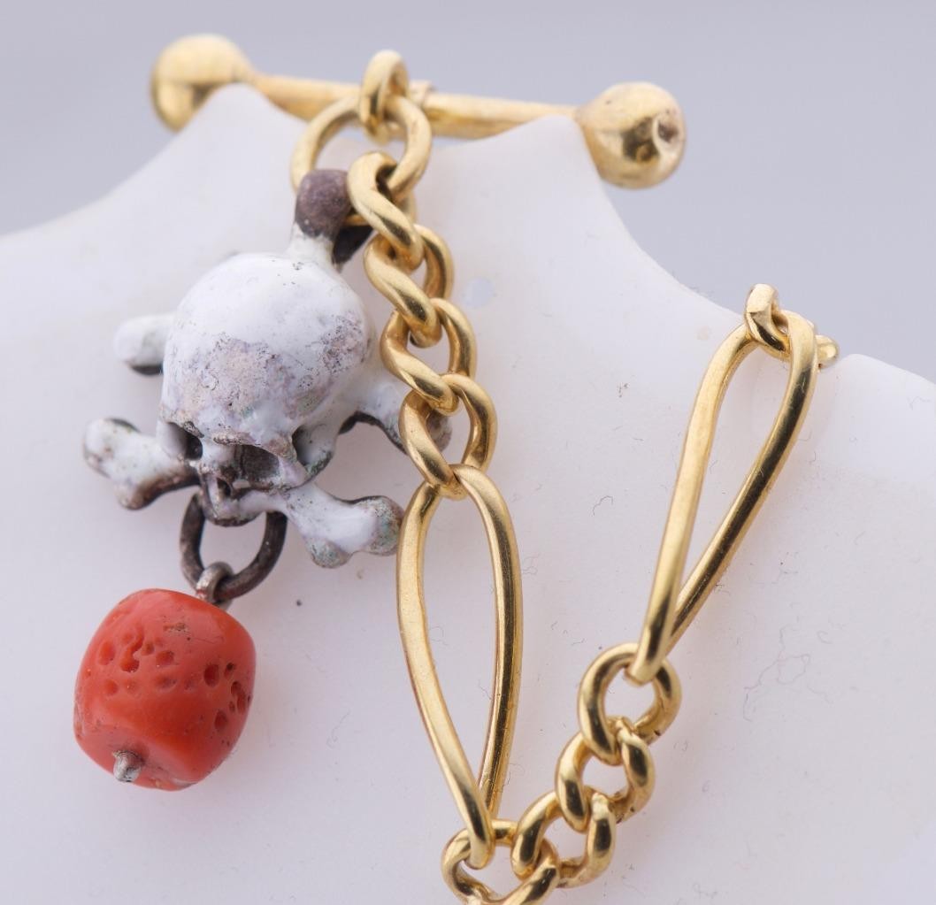 Antique Victorian Pocket Watch Chain Fob – Gilt Silver, Enamel Skull & Coral
