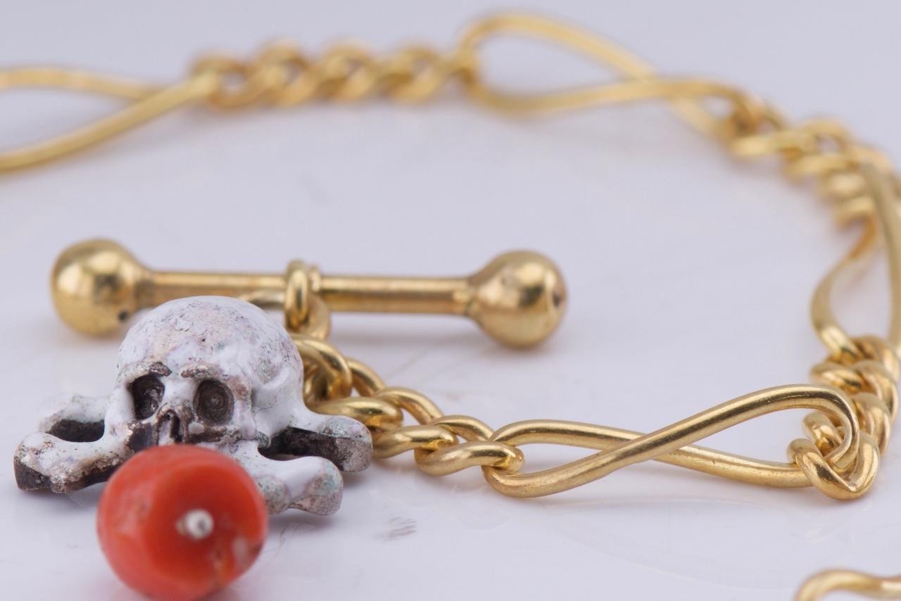 Antique Victorian Pocket Watch Chain Fob – Gilt Silver, Enamel Skull & Coral