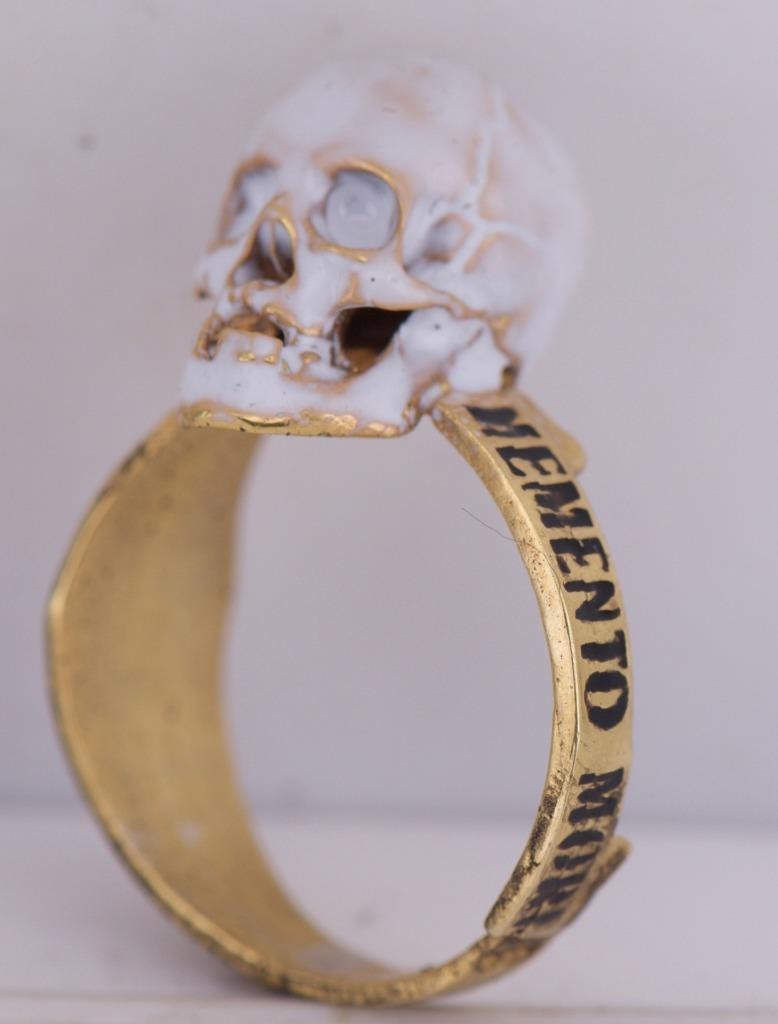 Antique Victorian Memento Mori Mourning Ring – Gilt Silver & Enamel –SizE 11