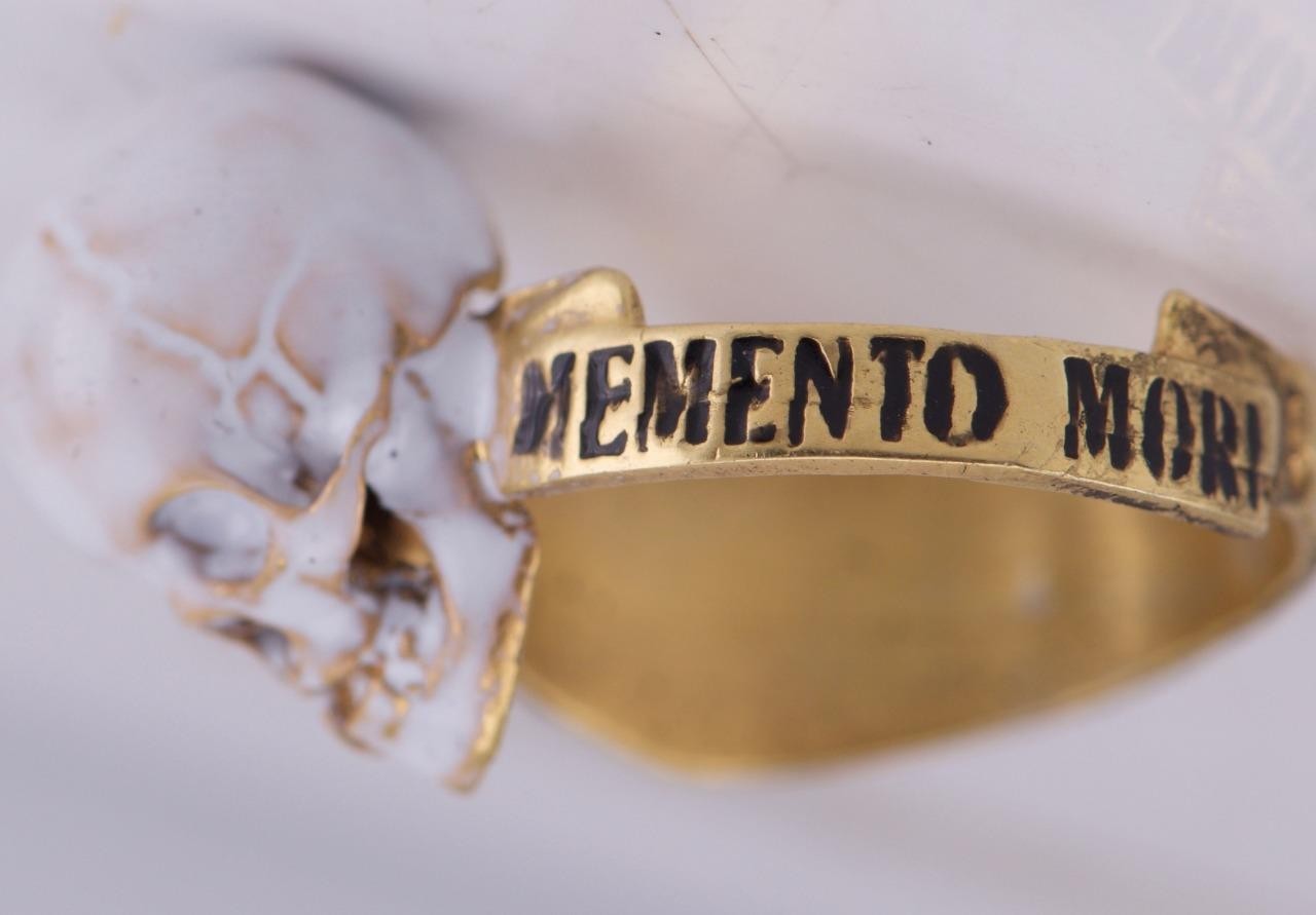Antique Victorian Memento Mori Mourning Ring – Gilt Silver & Enamel –SizE 11