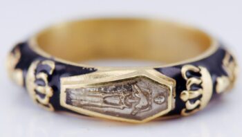 Antique Victorian Enamel Gilt Silver Ring Memento Mori Skull Skeleton Ornate