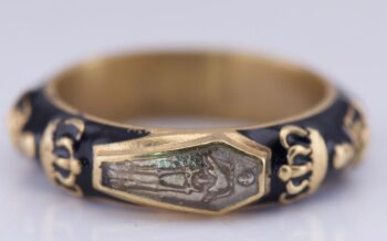 Antique Victorian Enamel Gilt Silver Ring Memento Mori Skull Skeleton Ornate