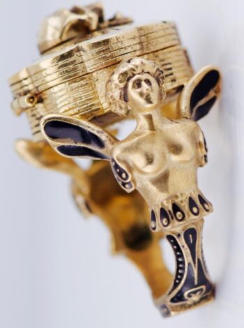 Antique Victorian Memento Mori Poison Skull Ring – Gilt Vermeil Silver Enamel