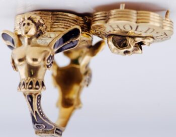 Antique Victorian Memento Mori Poison Skull Ring – Gilt Vermeil Silver Enamel