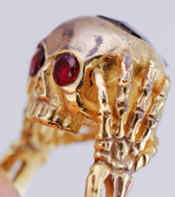 Antique Victorian Memento Mori Skull Ring – 18K Gilt Silver Vermeil with Garnets