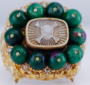 Antique Victorian Memento Mori Skull Ring – Vermeil Gilt Silver Enamel Jade
