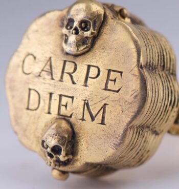 Antique Victorian 18K Gilt Silver Memento Mori Skull Poison Ring – “Carpe Diem