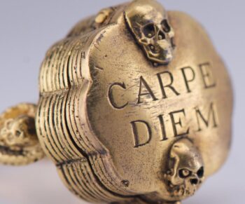 Antique Victorian 18K Gilt Silver Memento Mori Skull Poison Ring – “Carpe Diem