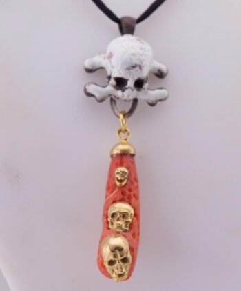 Antique Victorian Memento Mori Silver Skull Pendant Fob with Enamel & Red Coral
