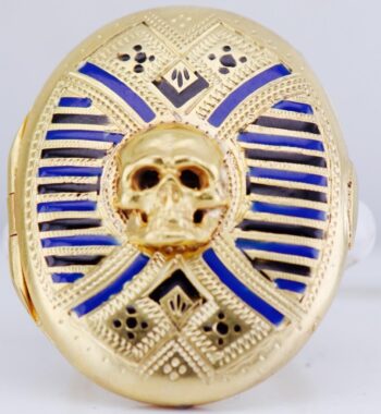 Antique Victorian Memento Mori Skull Locket Ring 18K Vermeil Gilt Silver Enamel