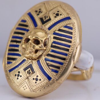 Antique Victorian Memento Mori Skull Locket Ring 18K Vermeil Gilt Silver Enamel