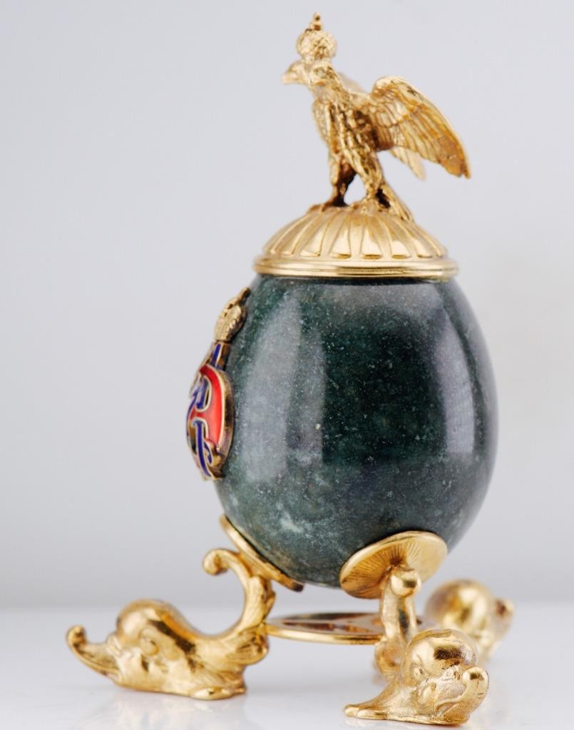 Antique Imperial Faberge Gilt Silver & Verdite Presentation Egg Empress Monogram