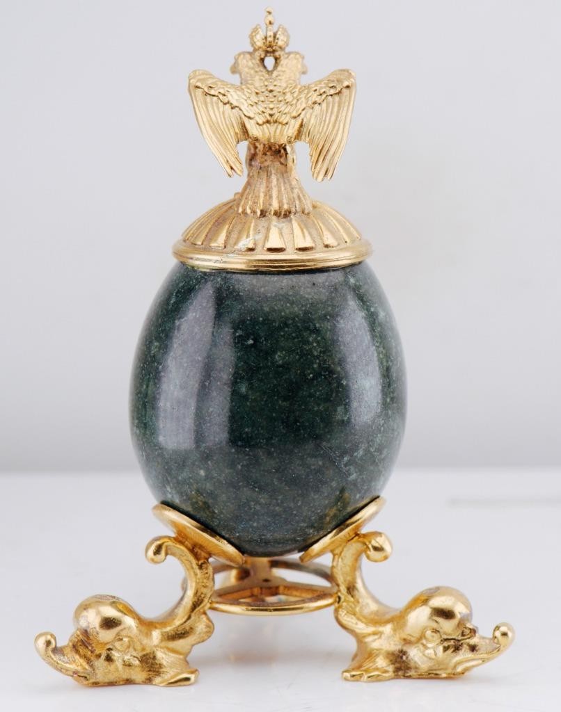 Antique Imperial Faberge Gilt Silver & Verdite Presentation Egg Empress Monogram