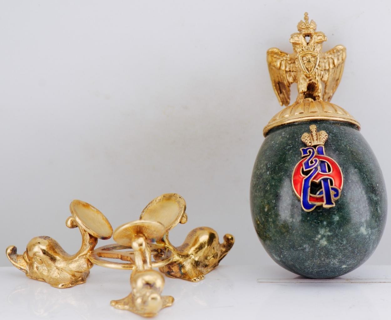 Antique Imperial Faberge Gilt Silver & Verdite Presentation Egg Empress Monogram