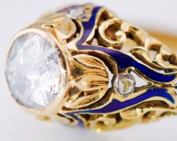 200 Years Old Antique Georgian 18k Gold Enamel Ring 0.6ct Rose Cut Diamond c1800